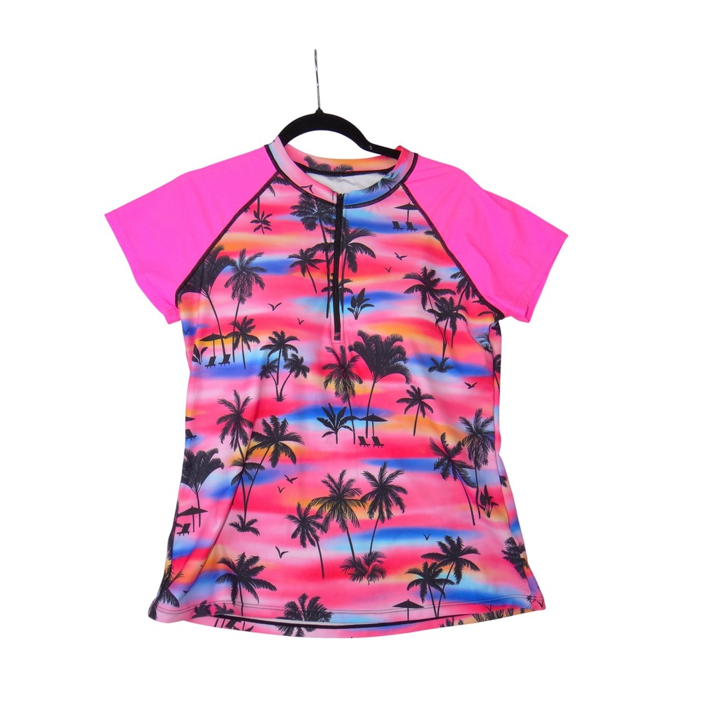 Holipick Womens Tropical Sunset Palm Tree Rash Guard Half Zip Swim Top Pink L